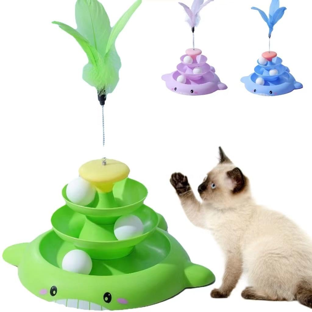 Pet Fun Interactive (3 Layers) Tower Track Roller With Colorful Balls & Teasing Feather For Cats And Kittens | Turntable Puzzle 