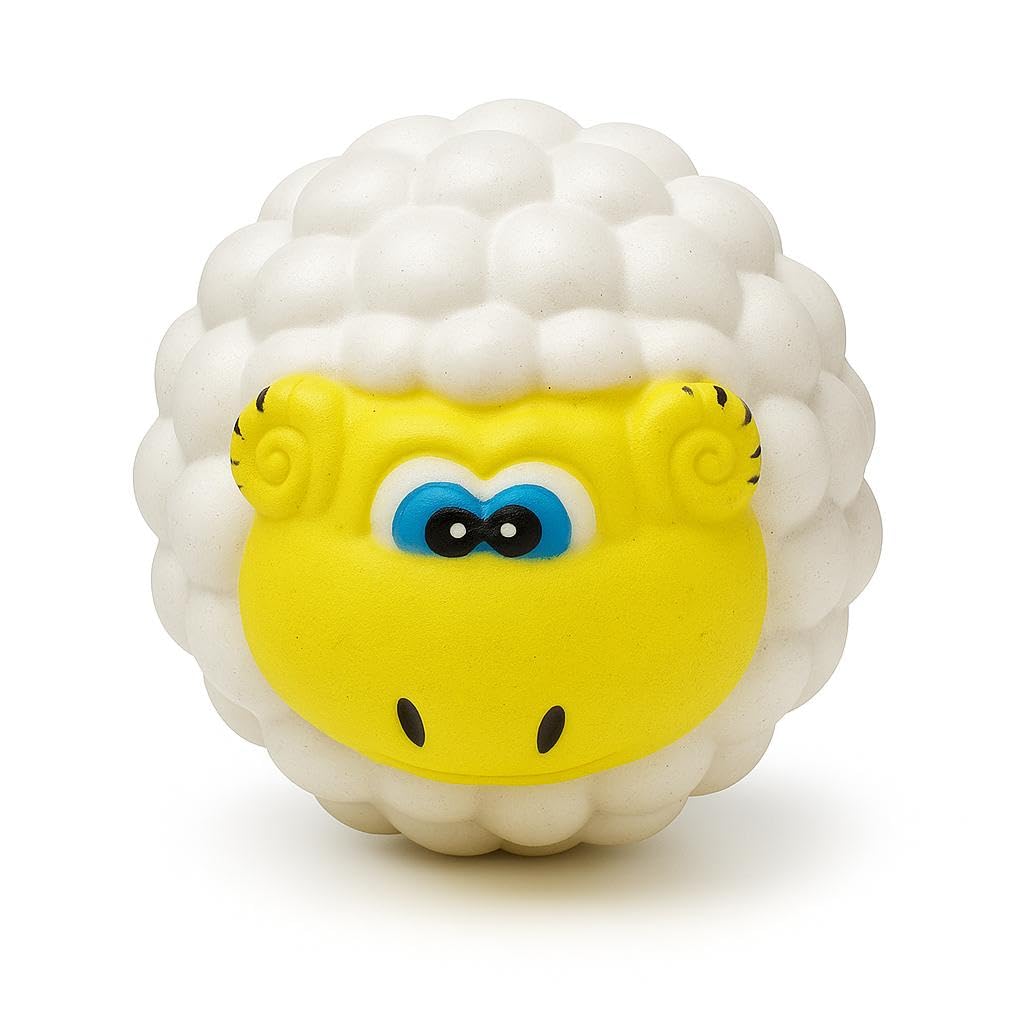 WAGGYTAILS Sheep Dog Toy Ball  Durable Squeaky Chew Toy for Dogs, PetSafe Rubber Play Ball, Fun White & Yellow Interactive Toy
