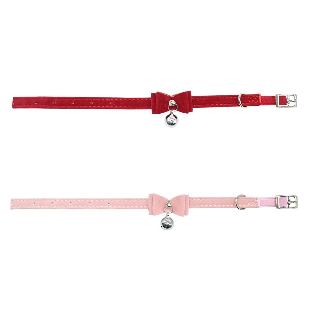 Stock Show 2Pcs Small Pet Velvet Bowknot Collar With Bell Adjustable Pu Leather Cute Necklace Bow Tie For Cat Kitten Kitty Dog Puppy, Pink&Red