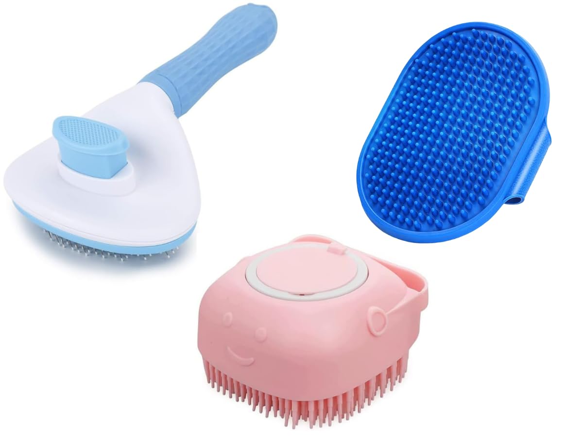Psk Pet Mart Dog Grooming Combo Rubber Hand Bathing Brush Oval Pin Slicker Shampoor Brush Combo 3 In 1 Random Color