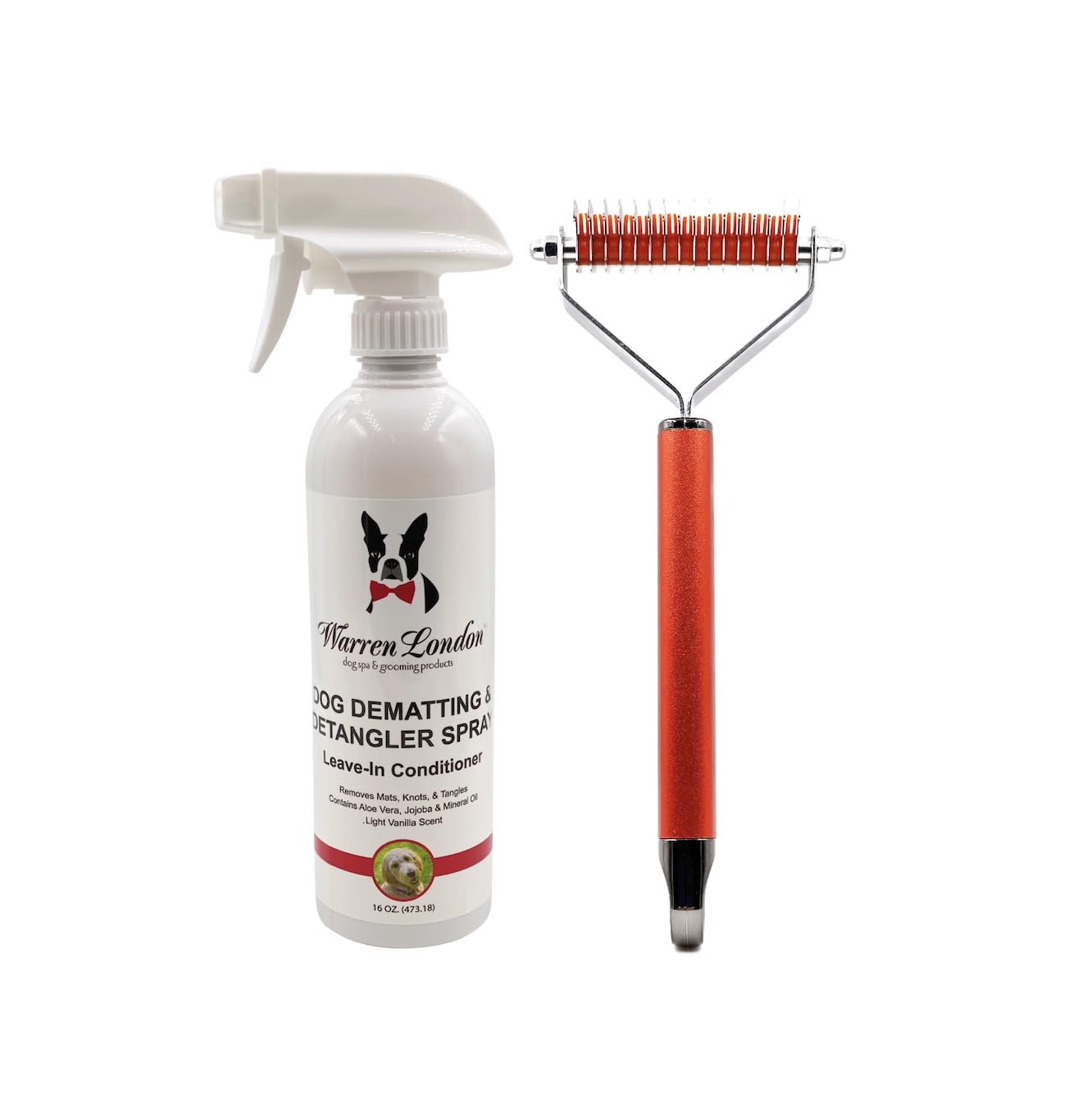 Warren London Dog Dematting And Detangler Spray Bundle With Rake Brush | Groomer Formulated Detangling Spray For Dogs W Aloe Vera & Jojoba Oil | Made In Usa | 16Oz W/Rake Brush
