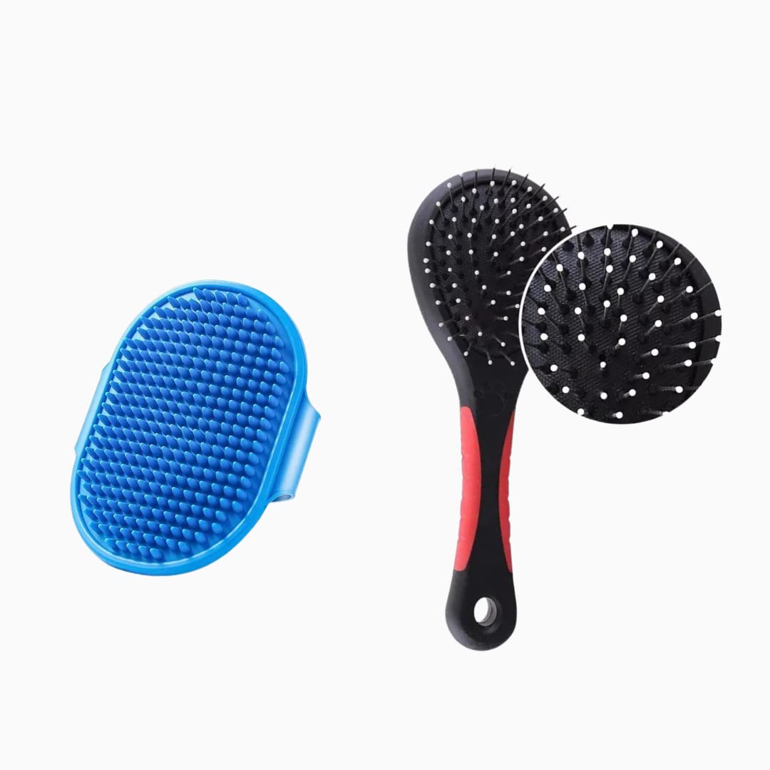 Dog Furr Grooming Set I Bath Brush + Double Sided Brush For Massage And Smooth Furr (Pack Of 2)