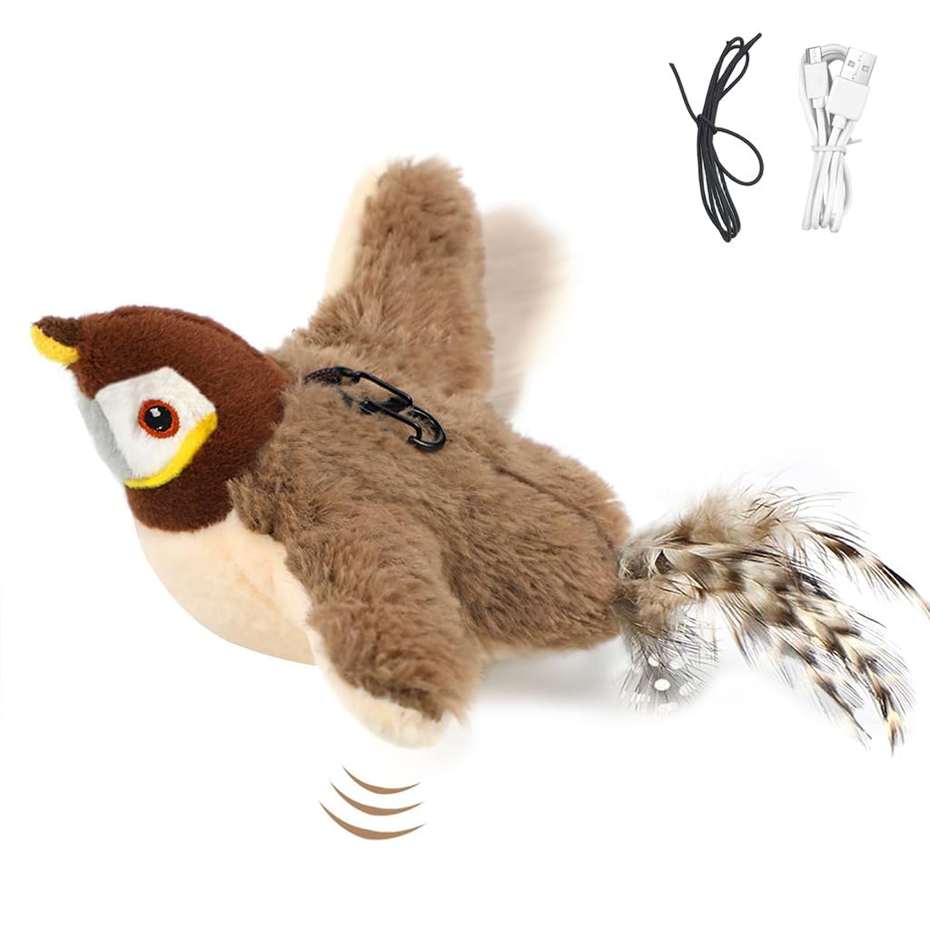 Romilas Interactive Flapping Sparrow Cat Toy With Catnip  TouchActivated Plush Bird For Cats & Kittens, Rechargeable, 3 Play M