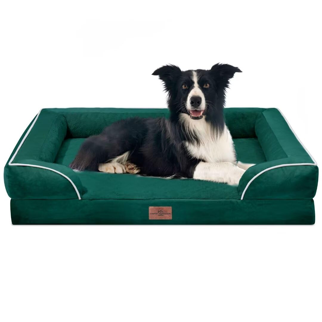 Comfort Expression Orthopedic Large Dog Beds, Waterproof Dog Beds For Large Dogs, Comfy Washable Pet Bed Sofa With Removable Cover & Non-Slip Bottom(Large,Emerald)