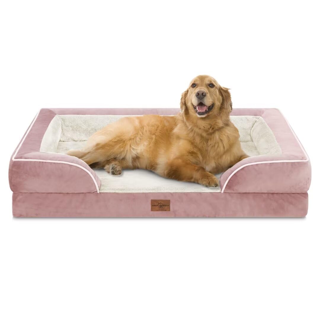 Comfort Expression Waterproof Orthopedic Foam Dog Beds Xl Dog Bed, Extra Large Dogs With Bolster, Washable Dog Bed Sofa Pet Bed With Removable Cover & Non-Slip Bottom(X-Large,Pink)