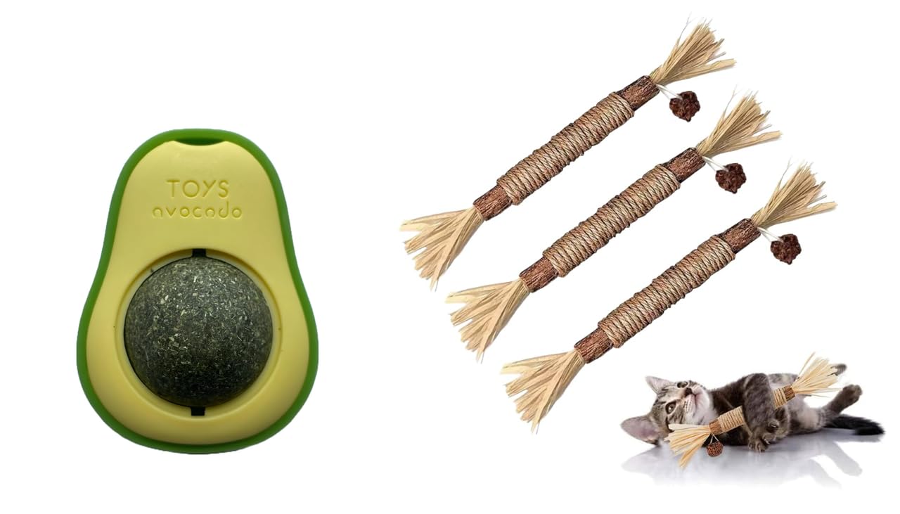 Catnip Toy Rotatable , Cat Chew Toy Edible Licking Toy For Cats/Kittens And Silvervine Stick For Cats With Sisal Rope And Gall F