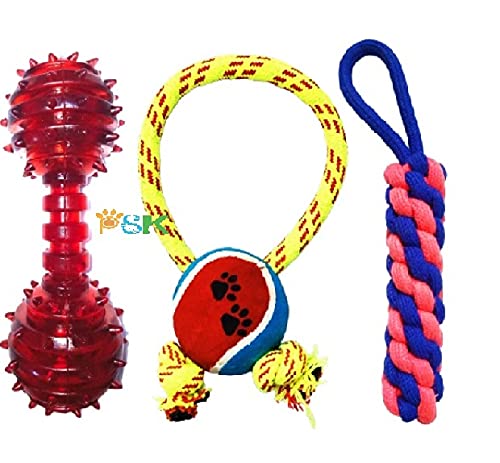 Psk Pet Martcombo Of 3 Durable Teething Chew Toys For Puppy | Cotton Tennis Ball Ring |Cotton Dummy|Rubber Line Dumbell Toys For