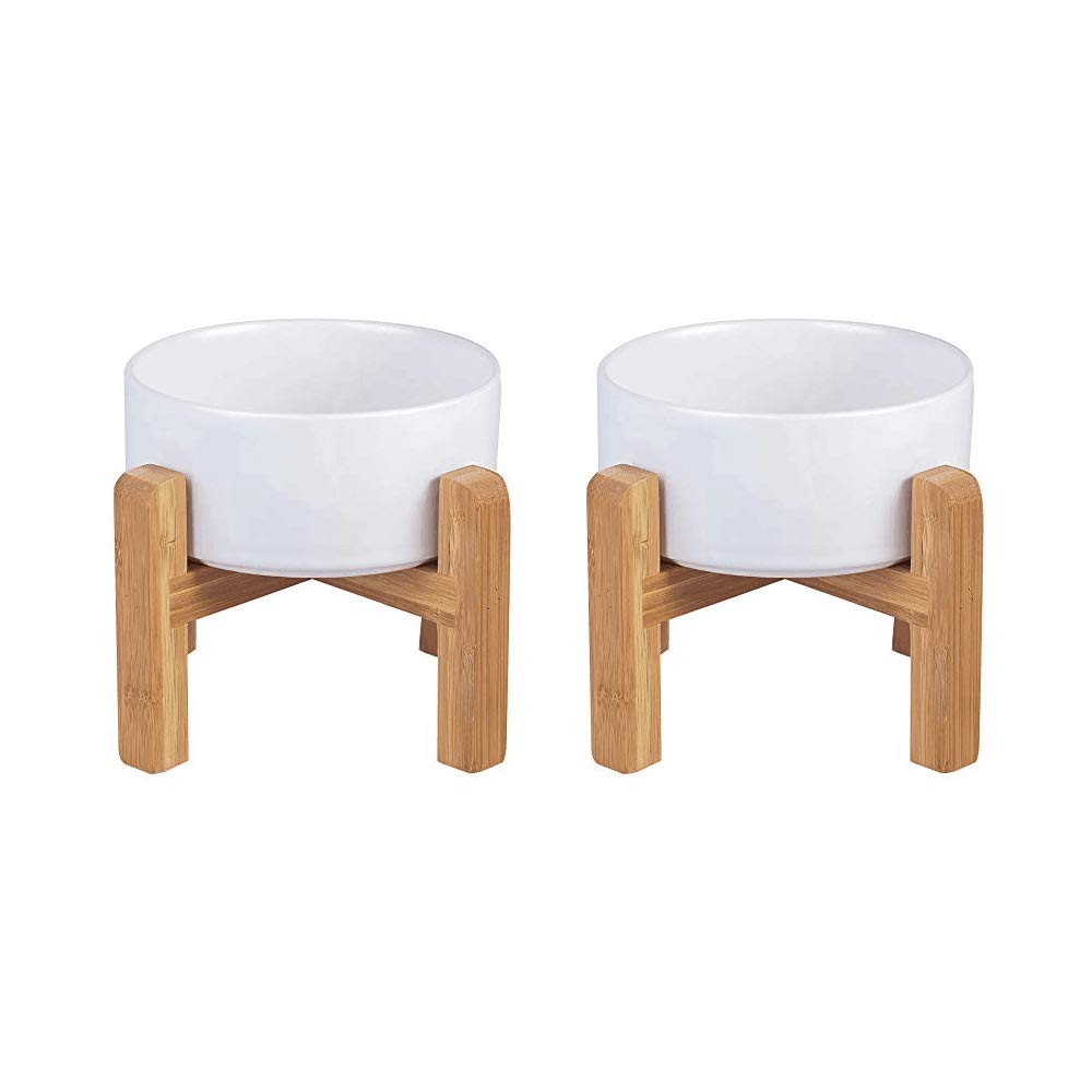 LIONWEI LIONWELI Ceramic Raised Dog Bowls, Medium - Set of 2 - Non Slip Wood Stand - Anti Vomiting - 850 ml - White