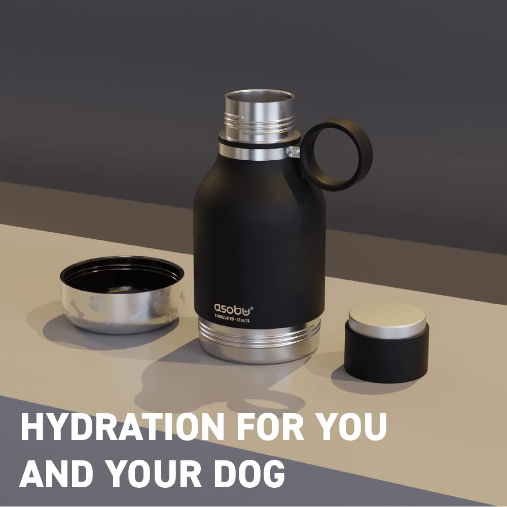 Asobu Dog Bowl Attached To Stainless Steel Insulated Travel Bottle For Human 33 Ounce (Black)…