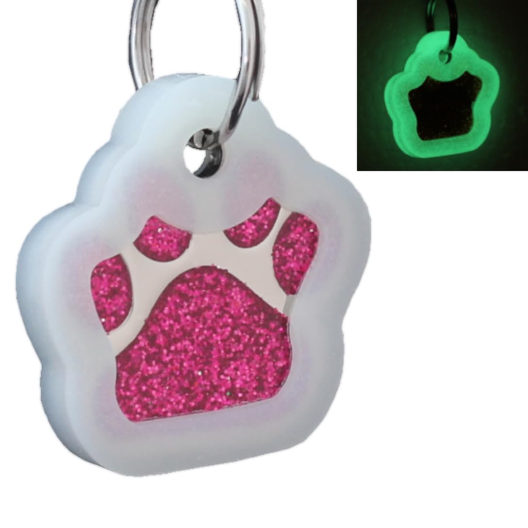Io Tags Pet Id Tags, Personalized Dog Tags And Cat Tags, Custom Engraved, Easy To Read, Cute Glitter Paw Pet Tag (Pink + Silence