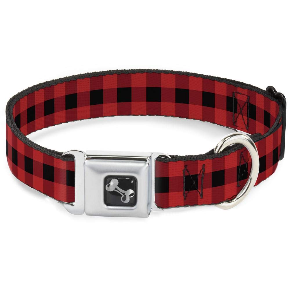 Buckle-Down Seatbelt Buckle Dog Collar - Buffalo Plaid Black/Red - 1' Wide - Fits 11-17' Neck - Medium