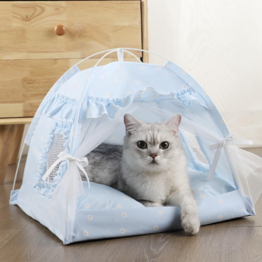 Cat Bed Tents Dog House Indoor Outdoor Lace Mesh Breathable Windows Door Curtains Removable Portable Nest Teepe House (Large,Blu