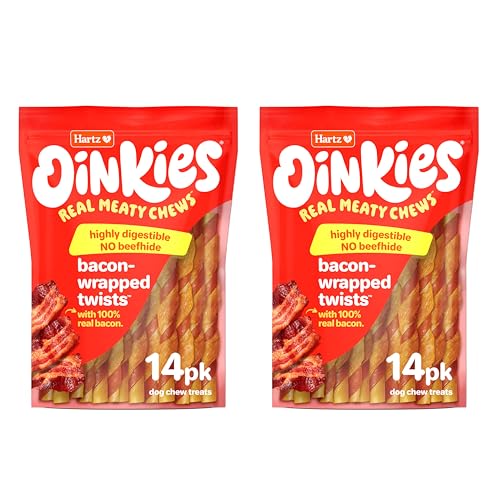 Hartz New Oinkies Bacon Wrapped Twists, Real Meaty Chews with 100% Real Bacon and No Beefhide, 28 Count