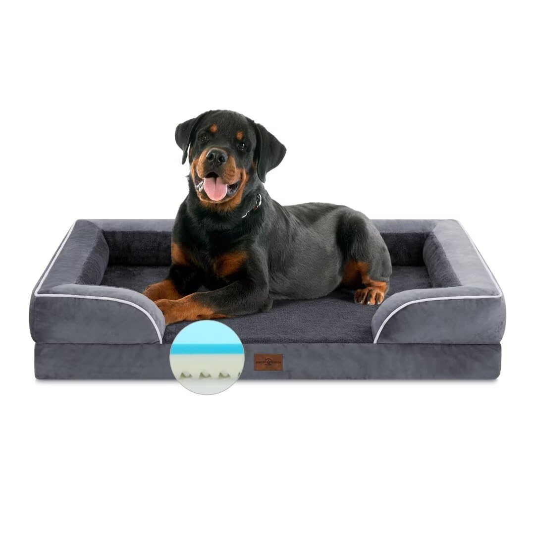Comfort Expression Cooling Dog Bed, Jumbo Dog Bed For Extra Large Dogs, Memory Foam Orthopedic Dog Bed, Jumbo Breed Dog Bed, Waterproof Dog Bed With Bolster & Removable Cover(Jumbo,Leaden Grey)