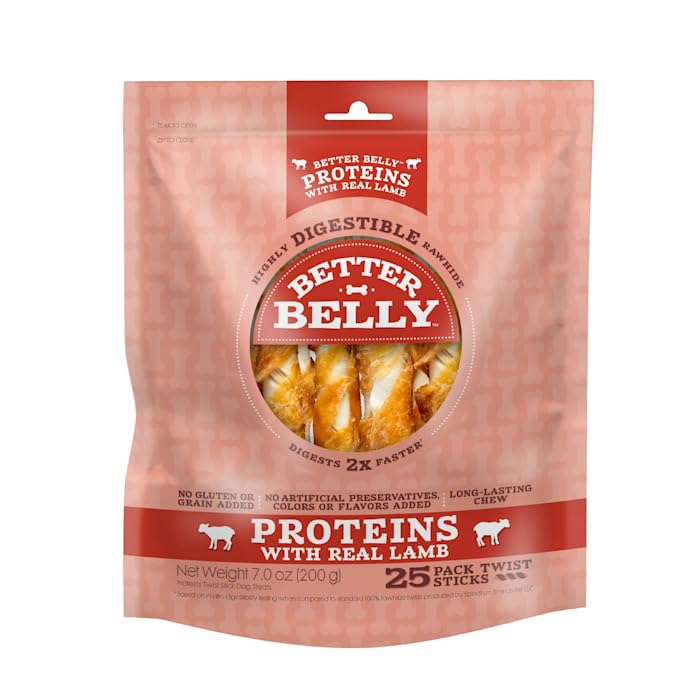 Better Belly Proteins With Real Lamb Twists, Digestible Rawhide For Dogs, 25 Count