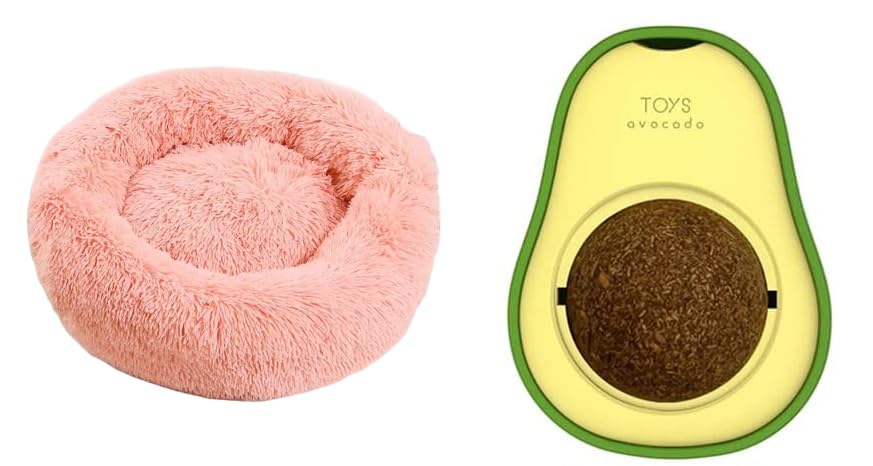 Urban Pet Gallery Fluffy Round Pet Bed For Dogs And Cats, Soft (Medium, Pink) And Silvervine, Gall Fruit Catnip Wall Toy, Cat Ch