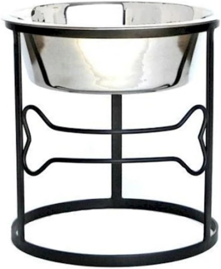 Unique Lifestyle Elevated Dog Bowl With Black Iron Stand, Stainless Steel, Bone Design, Ideal For Large Dogs, 10In Height