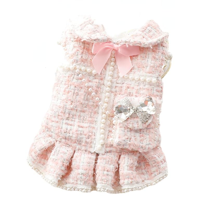Dog Princess Dresses For Small Dogs Lolita Clothes Tweed Costume White Pet Girl Cute Coat Outfits Fall Costumes (Xl,Pink)