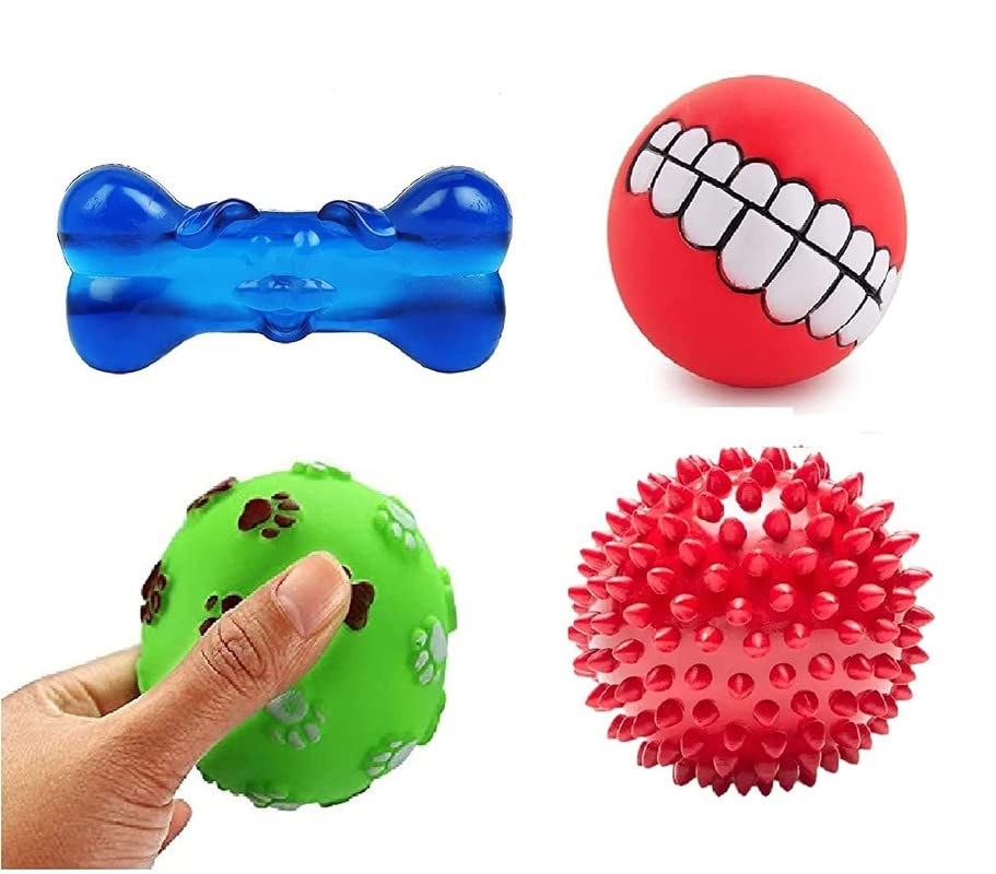 Pet Guard Squeaky Toys For Dog And Puppy  Combo Of 4 Rubber Bone | Paw Print Ball | Rubber Spiked Ball | Face Teeth Ball (Multi