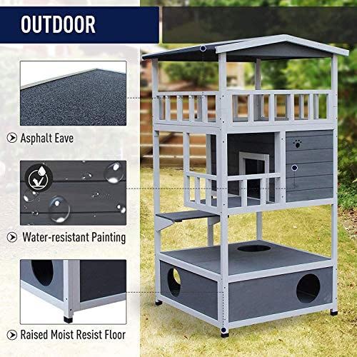Pawhut Wooden Outdoor Cat House, Feral Cat Shelter Kitten Condo With Asphalt Roof, Escape Doors, Condo, Jumping Platform, Grey
