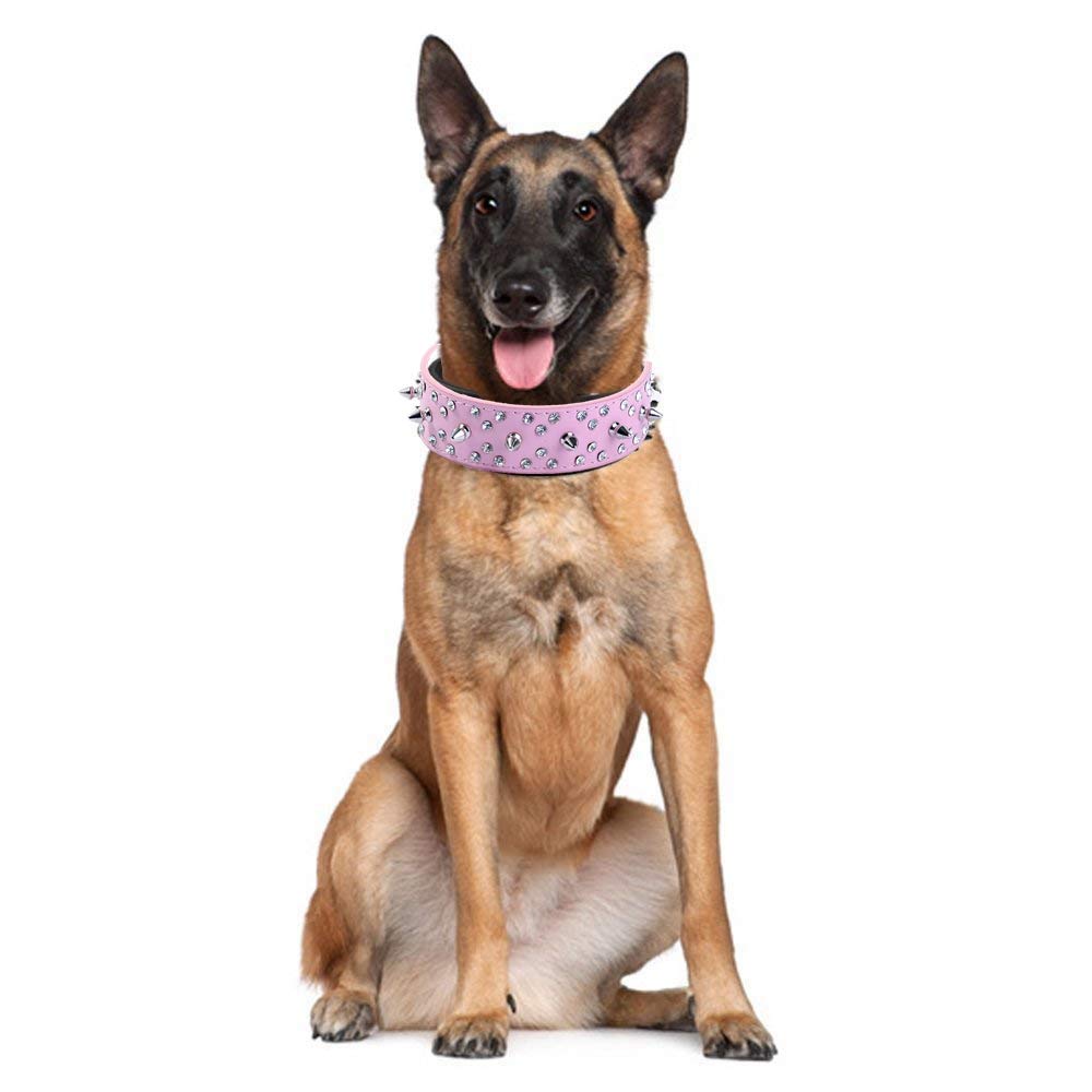Rhinestones Dog Collar, Stylish Leather Dog Collar, With Bullet Rivets And Rhinestones, Soft And Adjustable For Medium And Large