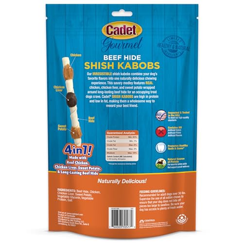 Cadet Gourmet Shish Kabob Dog Treats for Large Dogs, Healthy & Natural Chicken & Sweet Potato Chew Sticks, Beef Hide, Extra Larg