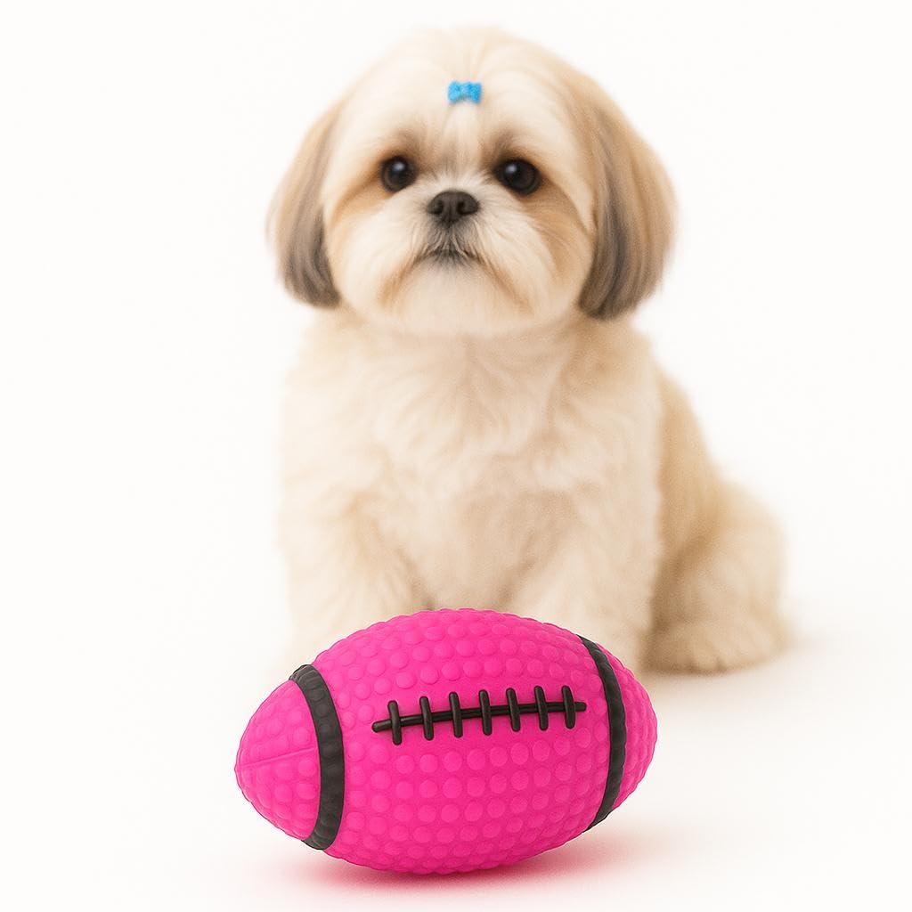 WAGGYTAILS Premium Squeaky Dog Toy  Vibrant Pink Rugby Shape, BiteResistant, PetSafe Rubber | Fun Indoor & Outdoor Play for S