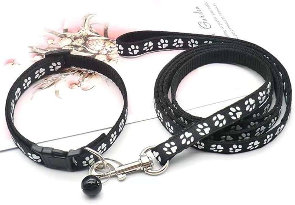 Blue Black Dog Collar With Bell Leash Set, Nylon Basic Reflective Small Dog Collar Boy Paw Print For Xxs Xs S Dog Kitten Pet Ani
