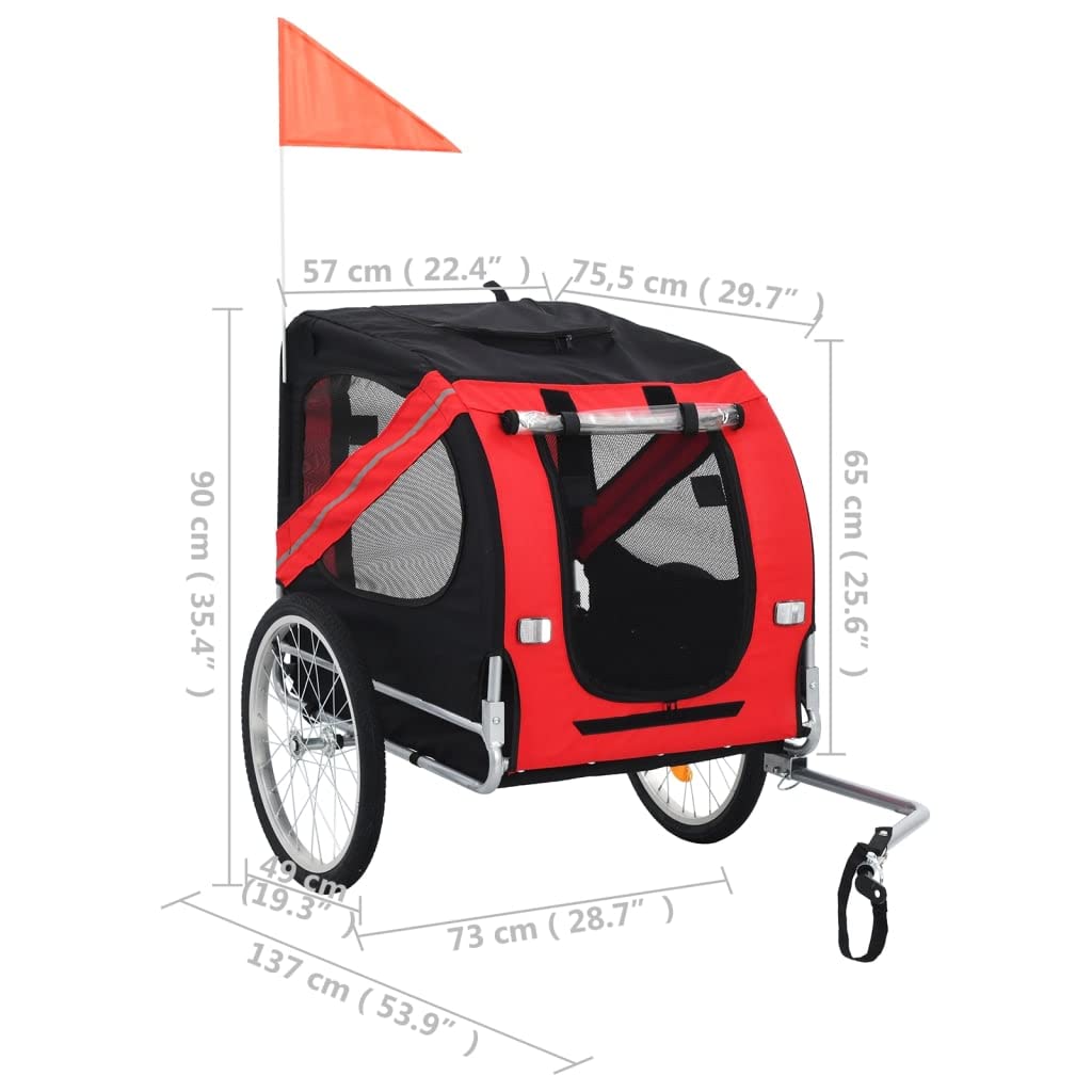 vidaXL Dog Bike Trailer - Water-Resistant Oxford Fabric, Reflectors, Quick-Release Hitch, 1 Count, Red and Black, Model 91766