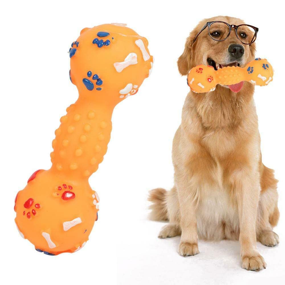 Pet Believe Colorful Squeaky Paw Print Rubber Non Toxic Sound & Chew Dumbell Toy For Puppies & Small Dogs (Color May Vary)