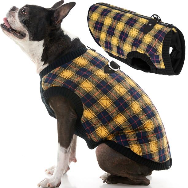 Gooby Fashion Vest Check Dog Jacket - Yellow Check, Small - Warm Zip Up Dog Bomber Vest Dual D Ring Leash - Winter Water Resista