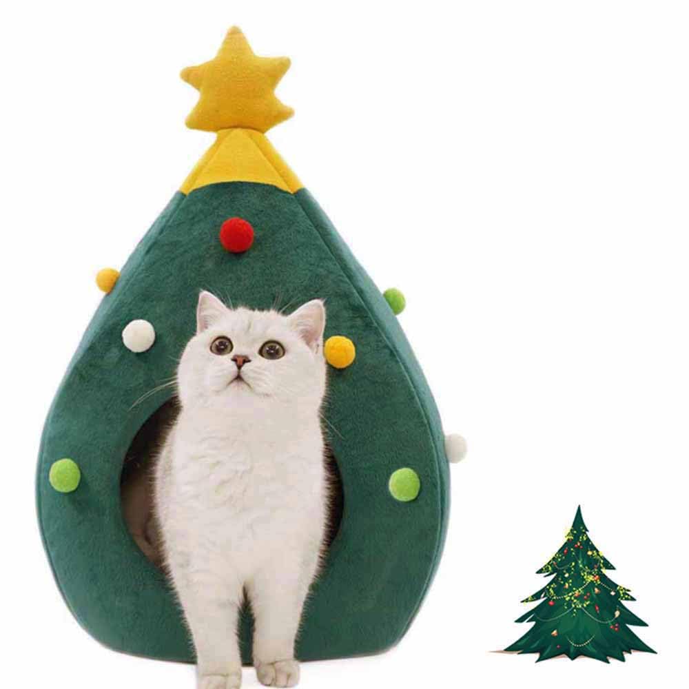 Christmas Cat Beds, Christmas Tree Cat Beds House, Portable Indoor Cat Igloo Xmas Bed Cave for Small Dogs and Small Animals, Gre