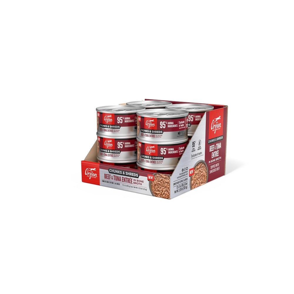 ORIJEN Chunks & Shreds Wet Cat Food Beef & Tuna Entr  e 3oz Cans (12 Count)