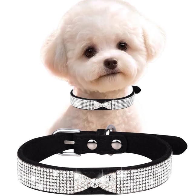 Black Bling Collars For Medium Dogs, Pretty Crystal Sparkly Diamond Bow Rhinestone Puppy Collars Glitter Jeweled Bling Girl Dog 