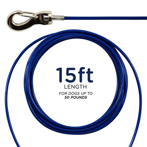 Ben-Mor Zinco 15 ft Dog Tie Out Cable for 50 lbs Small Breed Dogs & Pets - Heavy Duty 360 Degree Rotating Double Swivel Cable Co