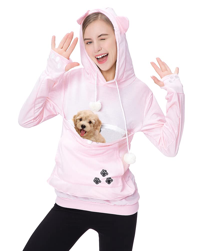 Jomago Womens Pet Carrier Thin Hoodies Kitten Puppy Pouch Shirts Animal Holder Hood Long Sleeve Sweatshirt Thin Pink