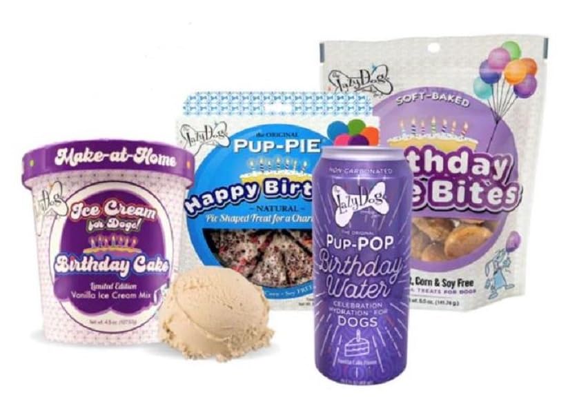 The Lazy Dog Cookie Co. Ultimate Birthday Celebration Kit for Dogs. Includes Chraming Boy Pie, Bag of Birthday Cake Bites, Make