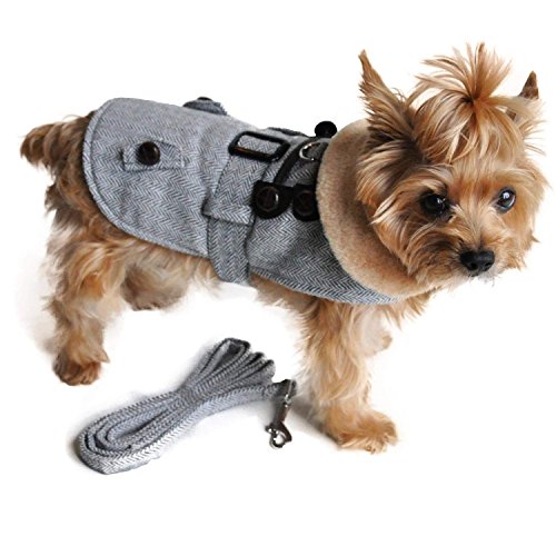 Grey Herringbone Designer Harness Coat And Matching Leash