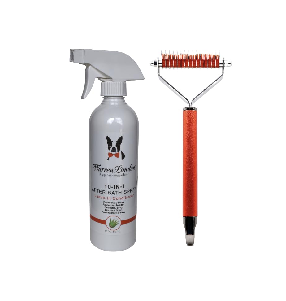 Warren London 10-In-1 After Bath Dog Spray 16Oz Bundle With Dematting Rake Brush | Dog Leave In Conditioner And Detangler Spray With Dog Grooming Brush