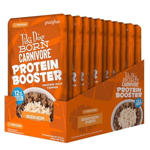 Tiki Dog Born Carnivore Protein Booster Dog Food Topper, Chicken Recipe in Broth, 2.1 oz. Pouch (12 Count)