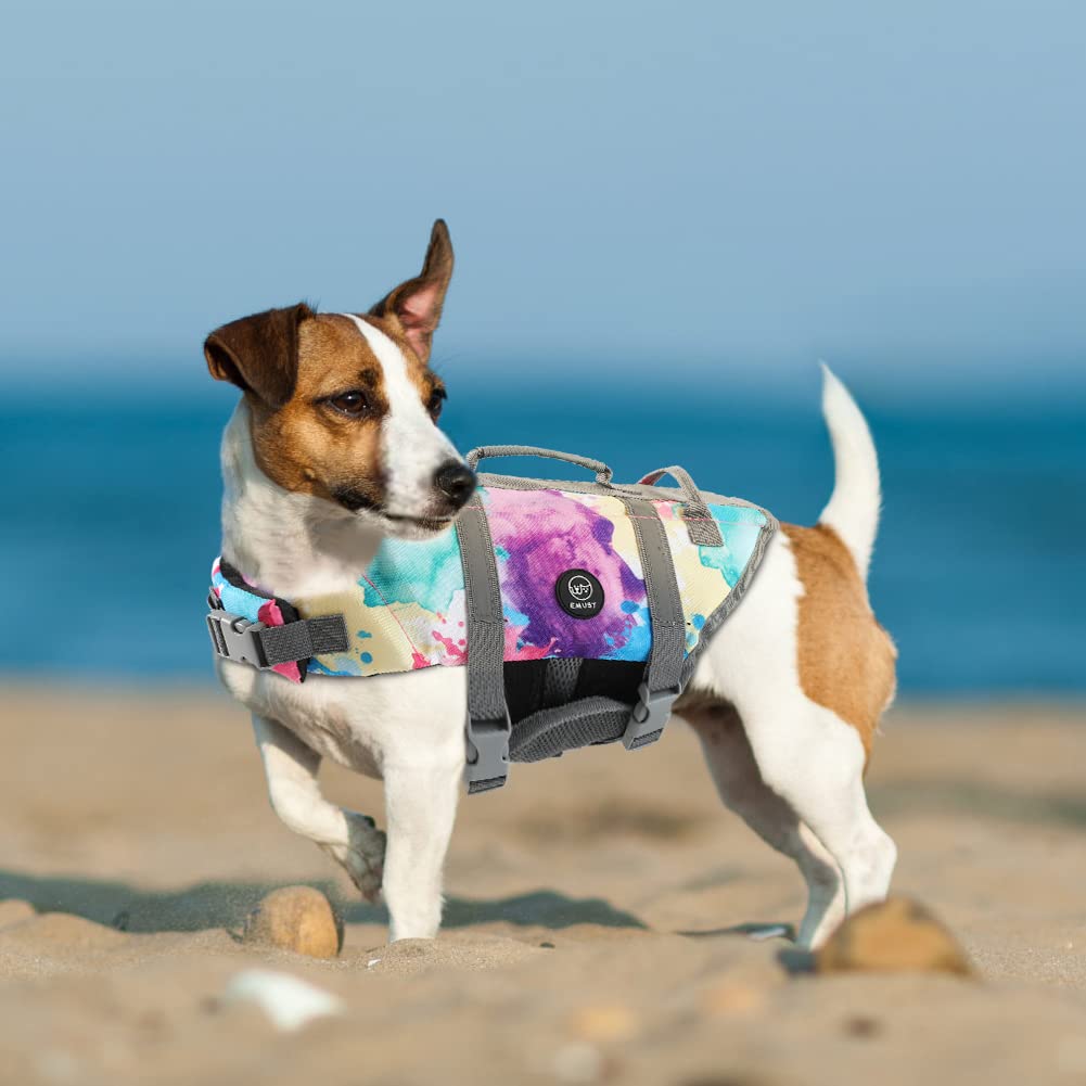Emust Dog Life Vests, Adjustable Dogs Life Jacket With Rescue Handle, Dog Flotation Vest For Small/Medium/Large Dogs, Xs, Multic