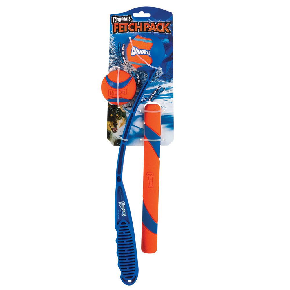 Chuckit! Fetch Pack - Dog Toys Indestructible Launcher, 18M, Tennis Ball & Ultra Rubber Ball Fetch Stick, Orange And Blue