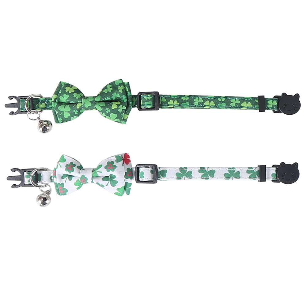 St.Patrick'S Day Cat Collar With Bow Tie And Bell Breakaway Adjustable Safety