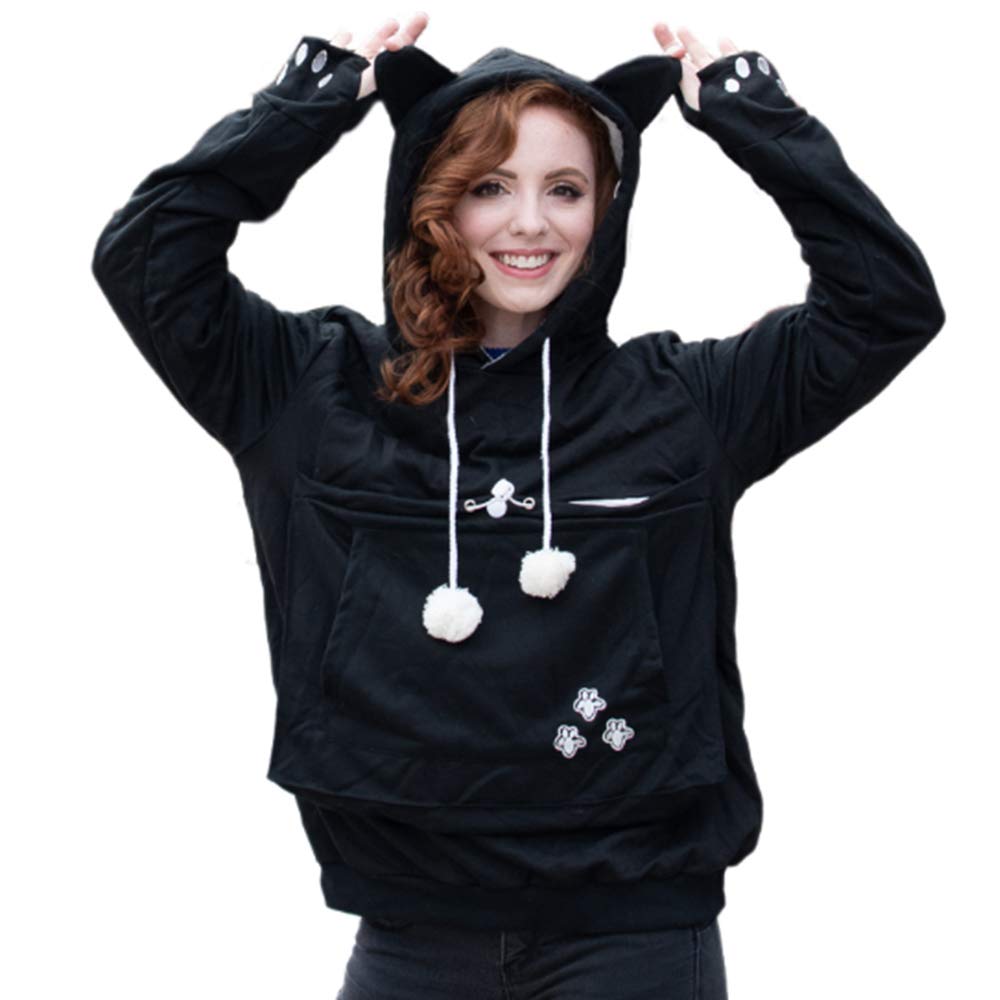 Unisex Big Pouch Hoodie Long Sleeve Pet Dog Holder Carrier Sweatshirt Black