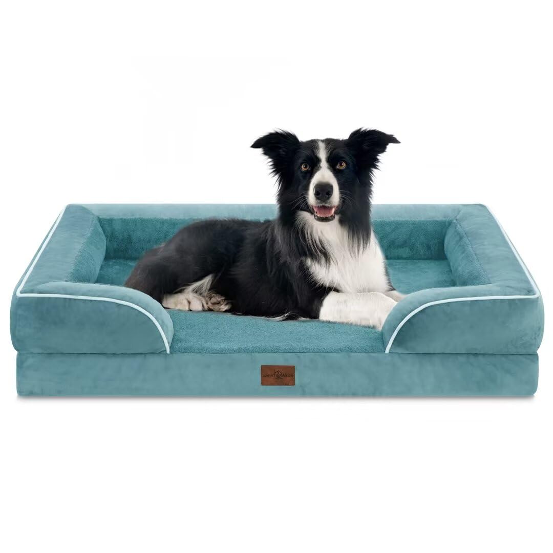 Comfort Expression Waterproof Large Dog Beds, Orthopedic Dog Beds For Large Dogs, Comfy Pet Bed Sofa With Washable Removable Cover & Non-Slip Bottom(Large,Washed Blue)