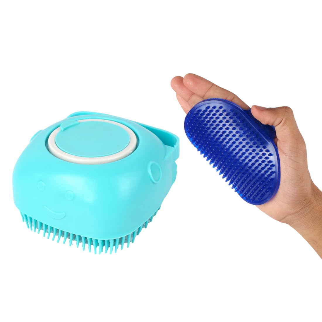 Pet Grooming Brush Set, 2in1 Silicone Bath Brush and Massager, Turquoise and Navy Blue, Dog Cleaning Tool