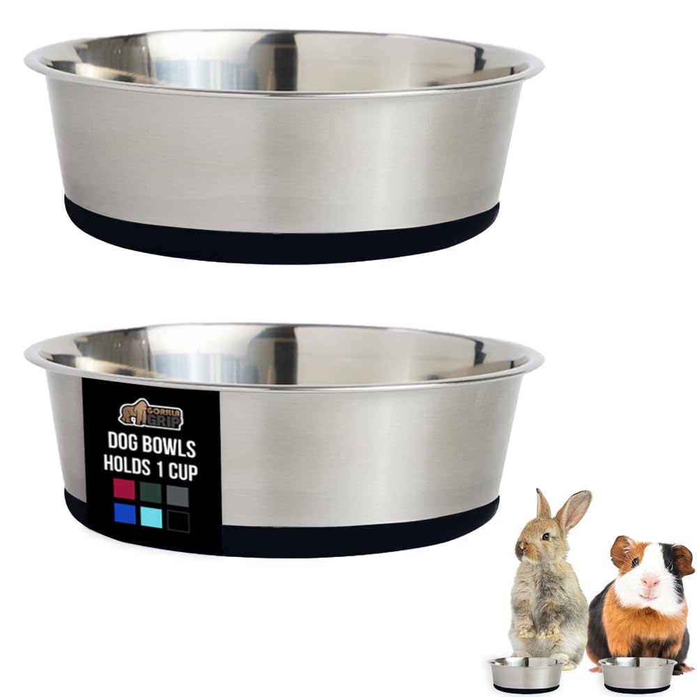 GORILLA GRIP Dog Bowls, Holds 1 Cup Each (8 fl oz), Heavy Duty Stainless Steel Food and Water Bowl for Feeding Dogs and Cats, Di