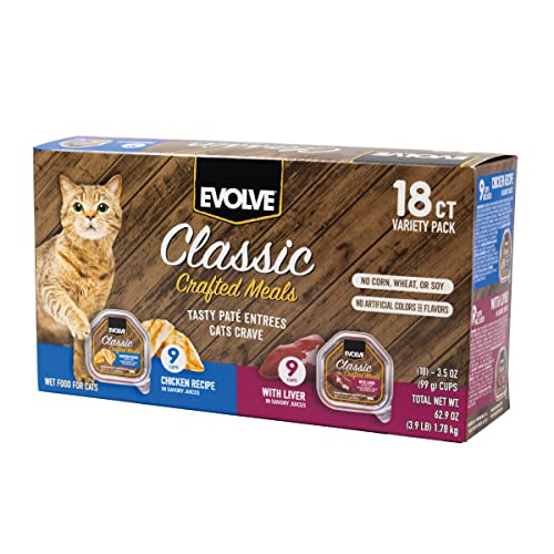 Evolve Classic Crafted Meals Cat Food Variety Pack - Chicken Recipe & Liver Recipe 3oz (Pack of 18)