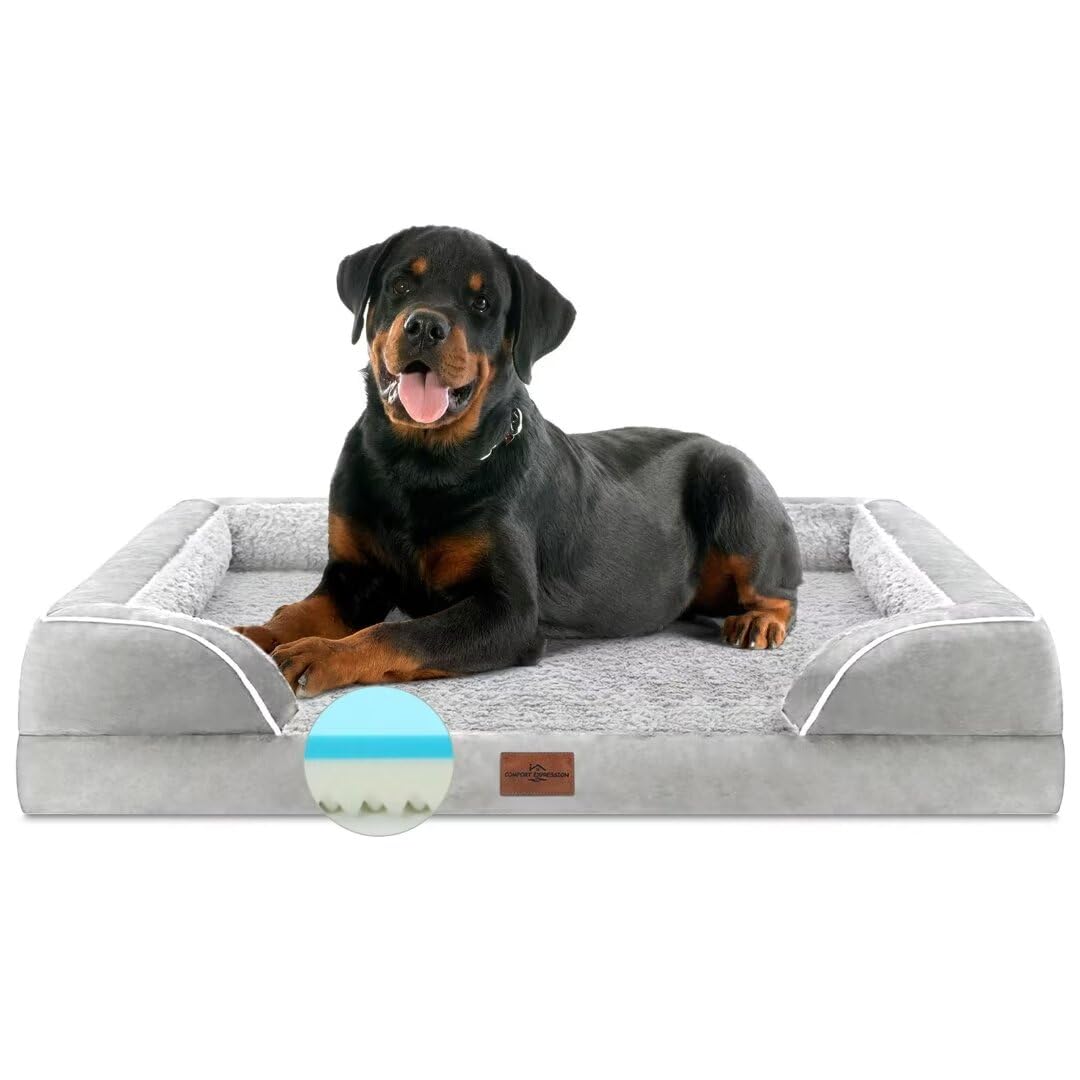 Comfort Expression Cooling Dog Bed, Orthopedic Memory Foam Dog Bed, Jumbo Dog Bed For Extra Large Dogs, Jumbo Breed Dog Bed, Waterproof Dog Bed With Bolster & Removable Cover(Jumbo,Light Grey)