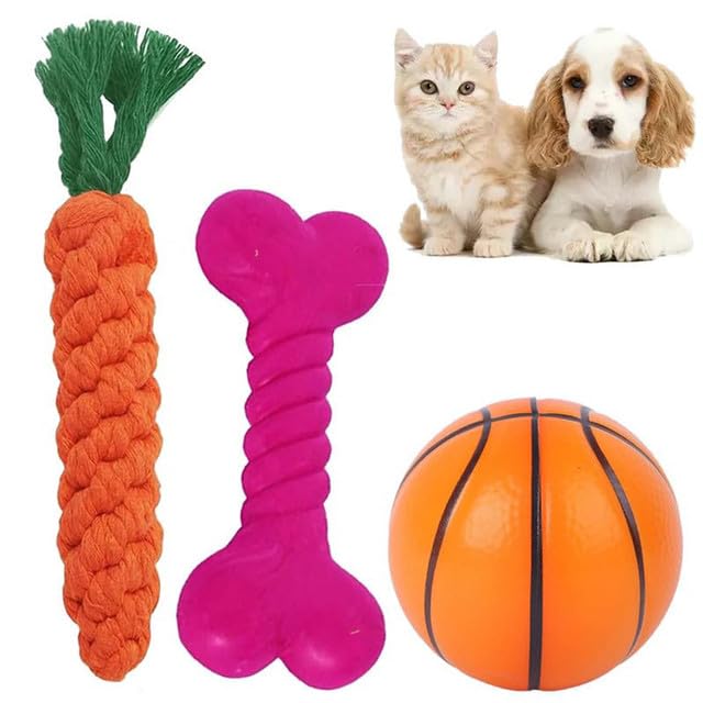Pawise Pack Of 3 Dog Cotton And Rubber Toy For Small & Medium Breed Dogs And Puppy, Carrot Rope Toy, Puppy Colorful Rubber Toy, 